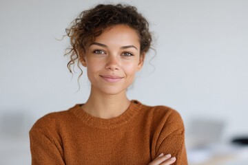 Poster - confident diverse professional engaged in discussion seated at modern minimalistic desk with ample copy space