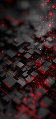 Fototapete - Abstract digital landscape with glowing red connections and black cubes