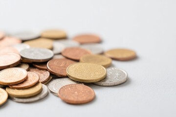 Poster - minimalistic image of scattered pile of various currency coins and notes on plain surface with ample copy space