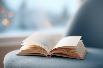 Poster - minimalistic image of solitary open book beside cozy armchair under soft natural light streaming through window suggested