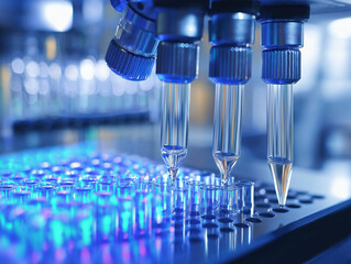 Aufkleber - Microscope close up in laboratory setting with test tubes and blue lighting, showcasing scientific research and innovation in biotechnology and pharmaceuticals