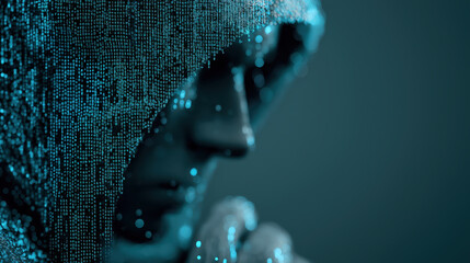 Leinwandbilder - Hooded figure composed of digital code represents concept of cybersecurity and data breaches, highlighting anonymity and complexity of cyber threats
