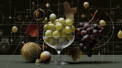 Aufkleber - Glass bowl filled with green grapes is surrounded by various fruits, including passion fruit, figs, and red grapes, set against dark, abstract background with geometric patterns