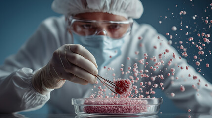 Aufkleber - Scientist in protective gear examines pink granules in petri dish, showcasing food science technology. scene highlights precision and innovation in laboratory setting