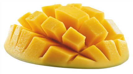 Poster - Juicy, vibrant mango slice is displayed, showcasing its bright yellow color and cubed pattern, perfect for tropical dishes