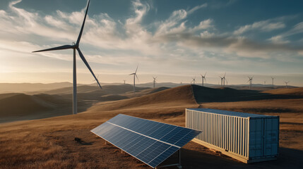 Poster - Solar panels and wind turbines in vast landscape highlight renewable energy solutions. storage container suggests energy storage capabilities, emphasizing sustainability