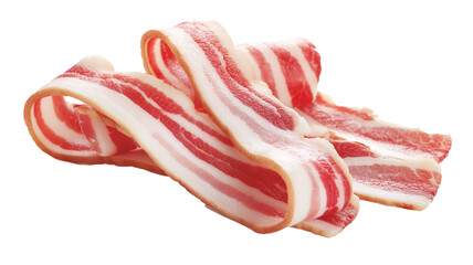 Poster - Sliced bacon strips uncooked isolated on transparency background, showcasing marbled fat and meat. raw bacon is arranged in casual pile, highlighting its texture and color