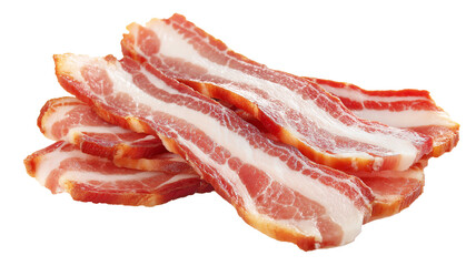 Poster - Sliced bacon strips uncooked and isolated on transparency background, showcasing their marbled texture and rich color. Perfect for culinary use or food presentations