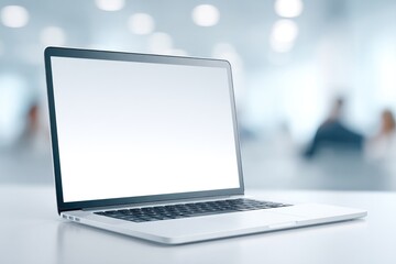 Poster - sleek laptop on white desk with blurred people in background providing ample copy space