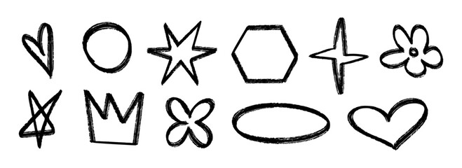 Aufkleber - Black hand drawn crayon shape set. Charcoal geometric doodle collection. Black pastel pencil texture form pack for sticker, patch, badge. Sketch outline flower, crown, star, heart elements. Vector