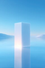Poster - empty podium with mirrored surface stands alone in minimalist setting reflections creating symmetrical display