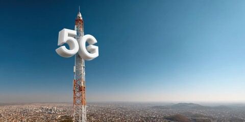 Aufkleber - Modern 5G Telecommunication Tower with Metal Lattice Structure on Rooftop Overlooking Urban Cityscape for Next-Gen Network Rollout