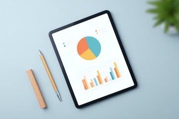 Poster - overhead view of digital tablet on sleek desk showcasing interactive presentation app with minimalistic design elements