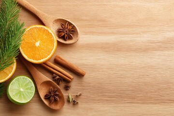 Poster - aromatic spices and citrus fruits elegantly arranged on wooden surface