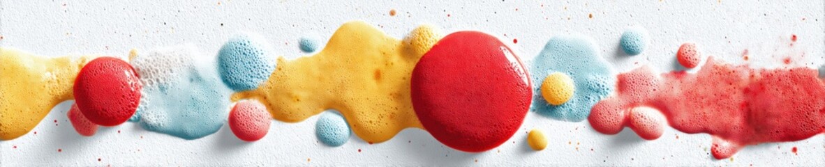 Poster - Vibrant Watercolor Liquid Drops in Bold Red, Yellow, and Blue with Geometric Shapes for Medical Advertising, Symbolizing Vitality and Natural Healing in Modern Graphic Style