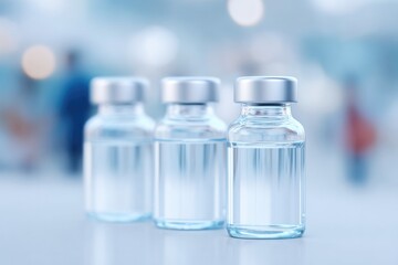 Poster - bottles of modern medicine on clean surface with softly blurred background of people hinting at and purpose