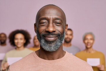Poster - Diverse Voter Registration Line with Smiling Participants in Minimalist Lavender Polling Station for Community Engagement and Democratic Solidarity
