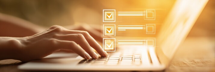 Aufkleber - Digital Form Completion on Laptop with Floating Checklist Interface in Warm Golden Hour Light for Efficient Online Assessment and Data Collection