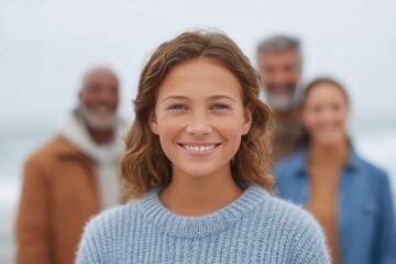 Poster - capture minimalistic portrait of diverse family representing different races and ages set against blurred background