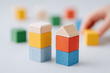 Poster - children play with simple colorful shapes in minimalistic setting
