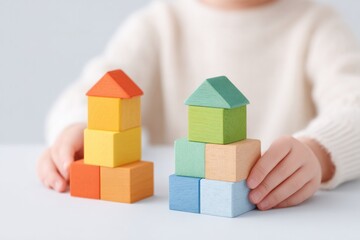 Poster - children play with simple colorful shapes in minimalistic setting