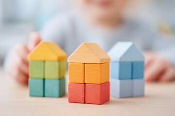 Poster - children play with simple colorful shapes in minimalistic setting