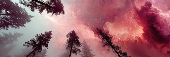 Poster - Abstract Geometric Silhouette of Tall Forest Trees Under Dusty Rose Starry Sky - Modern Nature Conservation and Cosmic Connection Concept for Eco Branding