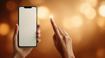 Poster - Ethereal Smartphone Tap Interaction with Female Hand and Warm Ambient Backlighting for Seamless Mobile Communication and App Promotion