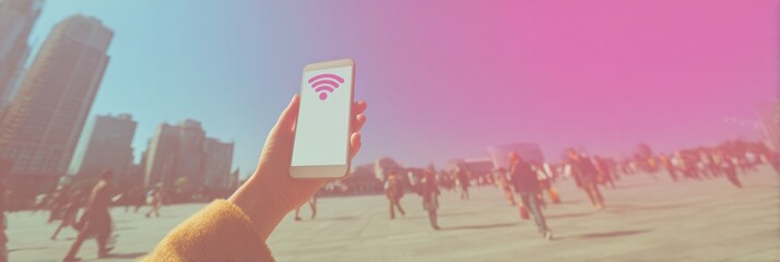 Aufkleber - Futuristic Smartphone Hotspot Display with Vibrant Digital Backlighting in Urban Plaza for Mobile Connectivity and Seamless Internet Access
