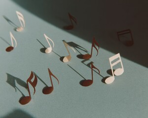 Aufkleber - Moody Nighttime Musical Notes Cut from Paper Casting Shadows on Textured Surface with Dramatic Light and Dark Contrast for Creative Marketing