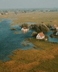 Aufkleber - Rising Sea Levels Flood Traditional European Waterfront Homes Amidst Vibrant Agricultural Landscape in Climate Adaptation Planning and Heritage Protection Context