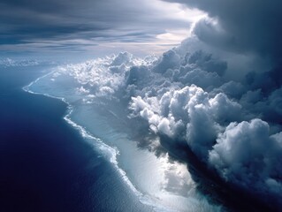 Poster - Dramatic aerial view of Palmyra Atoll vulnerable to rising sea levels with stormy clouds and coral reefs, capturing environmental fragility in apocalyptic style