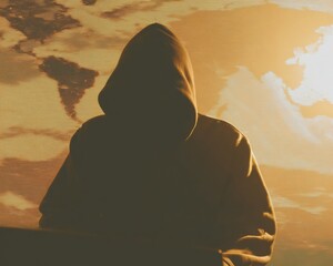 Poster - Ransomware Defender Hooded Figure with Global Cyber Attack Map Warm Golden Hour Lighting Digital Security and Cyberwarfare Concept