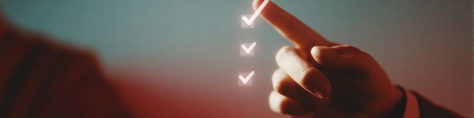 Poster - Warm Intimate Business Digital Checklist with Floating Checkmarks and Progress Bar, Modern Workflow Management in Burgundy and Amber Aesthetic for Project Oversight