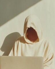 Aufkleber - Minimalistic Hooded Figure with Concealed Face Using Laptop in Soft Natural Light Cybersecurity Threat Concept for Digital Safety Campaigns