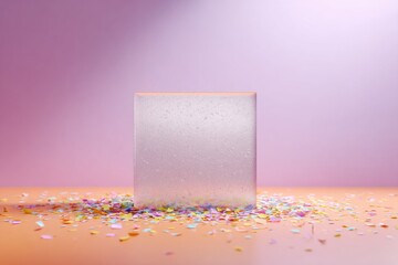 Aufkleber - Minimalist Translucent Glass Podium with Frosted Texture on Vibrant Lavender Blush Background with Colorful Confetti for Modern Product Display