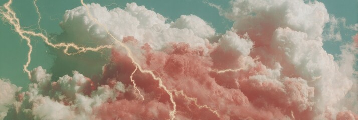 Aufkleber - Contemporary Meteorology Graphic with Branching Lightning Bolts Over Storm Clouds in Coral and Mint - Digital Weather Visualization for Environmental Branding
