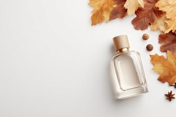 Poster - elegant glass bottle with autumn fragrance on minimalistic white background leaves and spices scattered casually