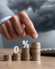 Poster - Dramatic Stormy Lighting on Businessmans Hand Pointing at Rising Percentage Symbols on Stacked Coins Representing Investment Growth and Interest Rates