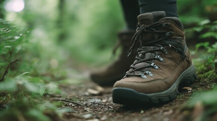 Poster - feet in comfortable hiking boots on forest trail surrounded by greenery with ample copy space