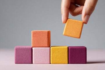 Poster - Bold geometric wooden blocks with vibrant triadic colors and matte textures in minimalistic overhead flatlay for modern productivity and project management