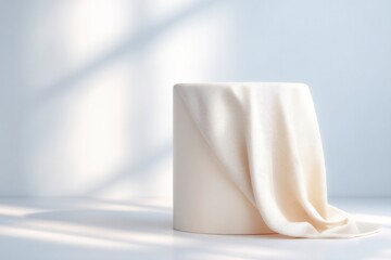 Poster - minimalistic empty podium draped with fabric set in spacious area with abundant natural light and copy space