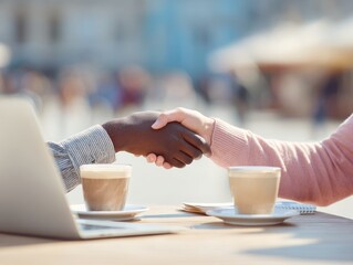 Aufkleber - Diverse Business Partnership Shaking Hands Over Cafe Table with Coffee, Laptop, and Notepad - Modern Urban Work Meeting Inspiring Collaboration