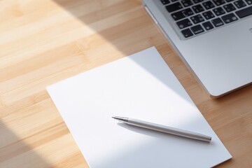 Poster - minimalistic image of desk with project management tools white paper and pen elegantly placed next to sleek laptop