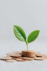 Poster - minimalistic image of single green sprout emerging from pile of coins