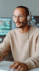 Poster - Tech Support Specialist with Headphones Focused on Customer Assistance at Ergonomic Workspace Featuring Multiple Data Screens - IT Service and Problem-Solving