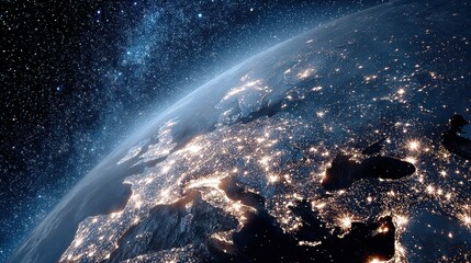 Poster - Futuristic Nighttime Satellite View of Europe Illuminated Cities Highlighting Connectivity and Infrastructure for Global Business Innovation and Digital Networking