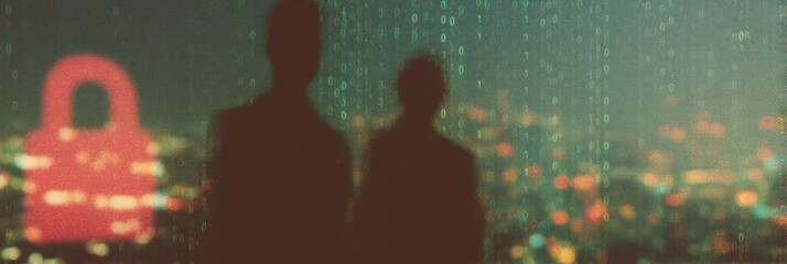 Aufkleber - Digital Padlock Icon with Binary Code Texture and Silhouetted Professionals Representing Data Security and Privacy in Corporate Tech Environments