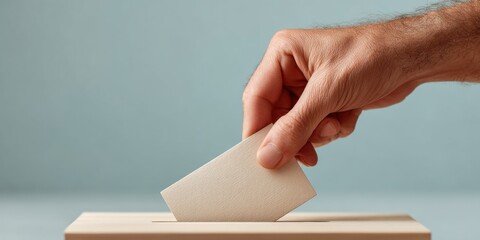 Poster - Modern Voter Turnout Concept with Hand Inserting Ballot into Wooden Box Against Canadian Flag, Symbolizing Patriotic Democratic Participation
