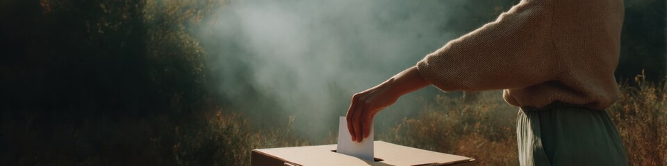 Poster - Close-up of hand inserting ballot paper into official box on wooden surface, minimal composition, democratic participation, social awareness, modern civic engagement
